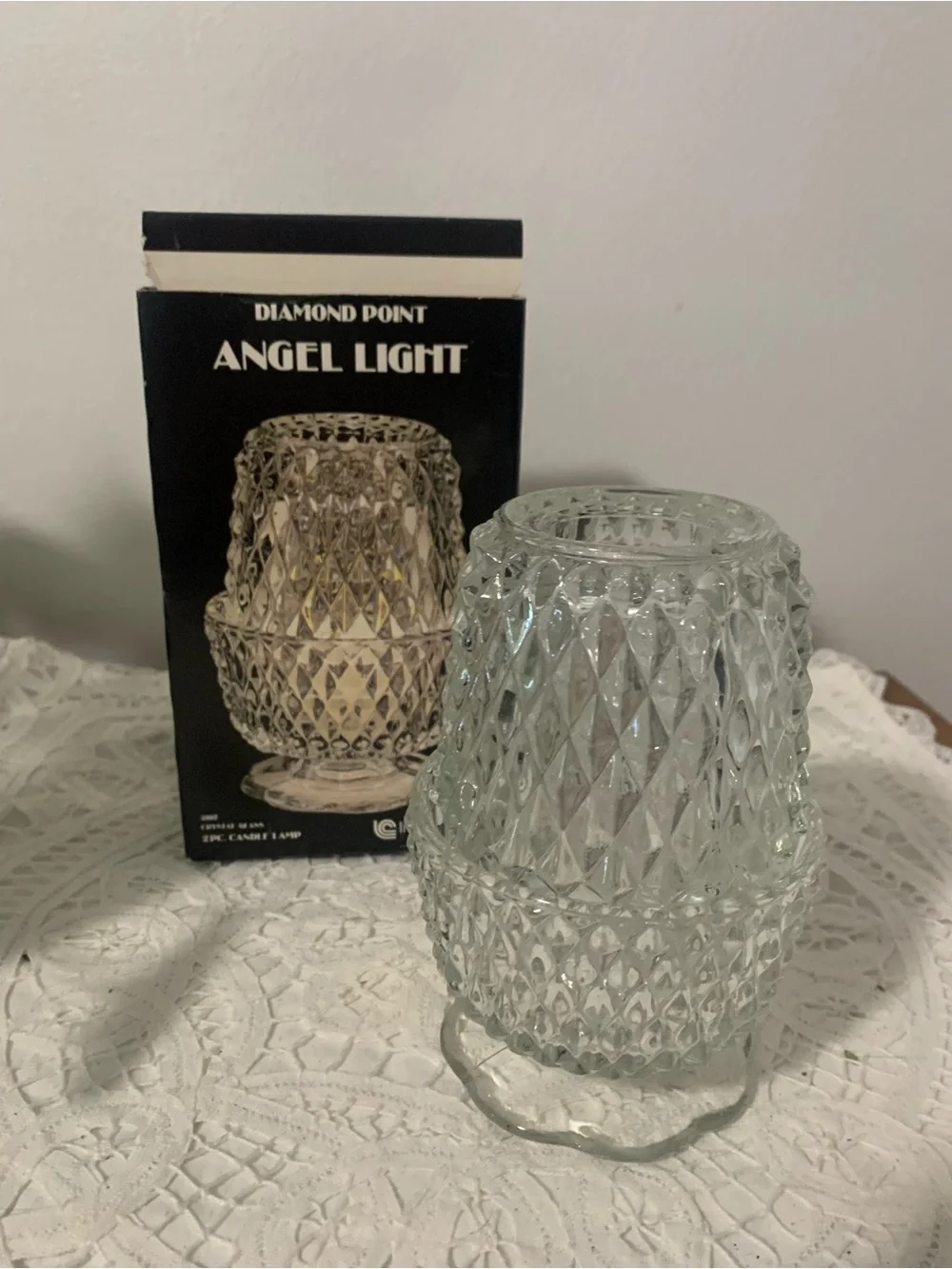 Vintage Indiana Glass Diamond Point Fairy Lamp Clear Base w Original Box